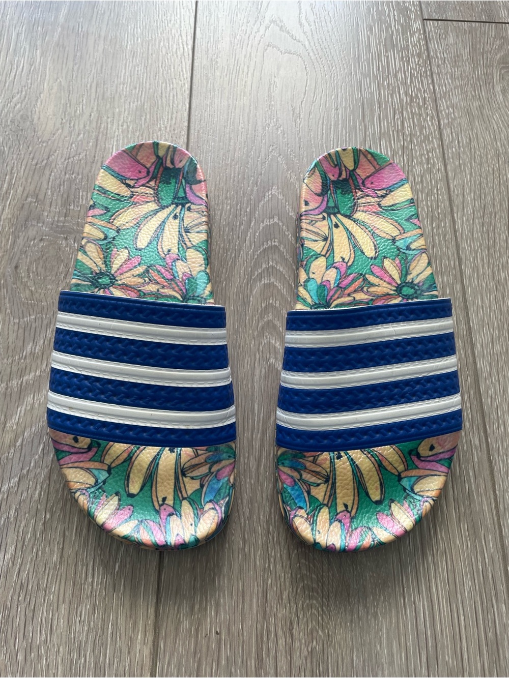 Adidas adilette slides with Blue/White Straps